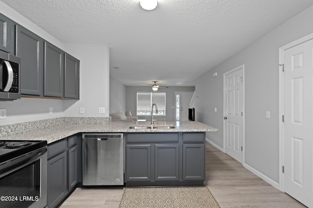 kitchen featuring appliances with stainless steel finishes, kitchen peninsula, sink, and gray cabinetry