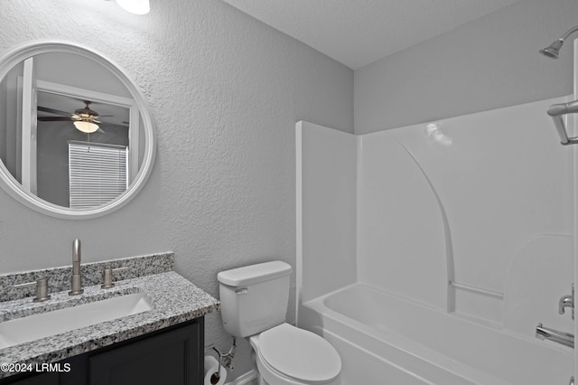 full bathroom with toilet, a textured ceiling, vanity, ceiling fan, and shower / bath combination