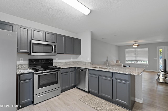 kitchen featuring sink, light wood-type flooring, gray cabinets, kitchen peninsula, and stainless steel appliances