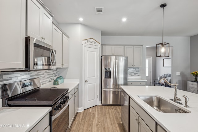 kitchen featuring sink, decorative light fixtures, light wood-type flooring, stainless steel appliances, and decorative backsplash