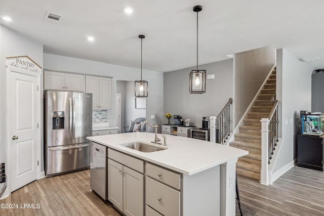 kitchen with sink, a center island with sink, pendant lighting, stainless steel appliances, and backsplash