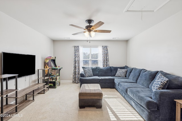 living room with light carpet and ceiling fan