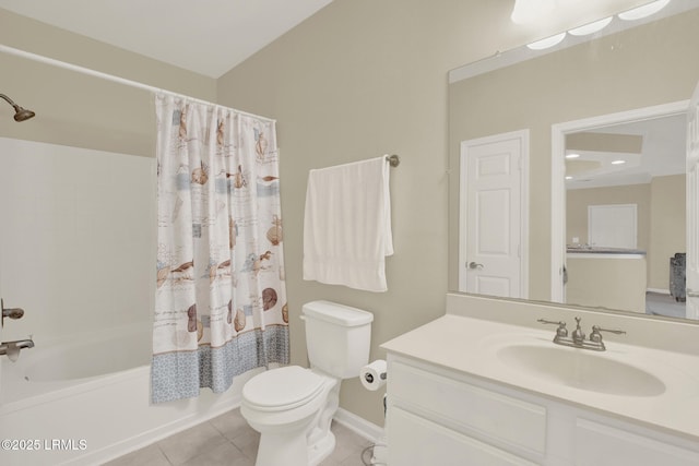 bathroom featuring toilet, vanity, baseboards, tile patterned floors, and shower / bathtub combination with curtain