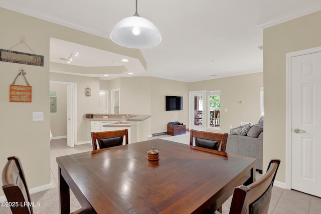 dining area featuring recessed lighting, light tile patterned flooring, and baseboards