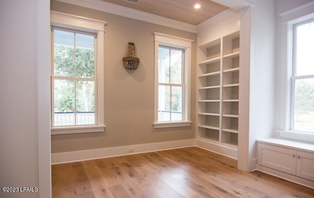 interior space with a wealth of natural light, built in features, and light hardwood / wood-style flooring