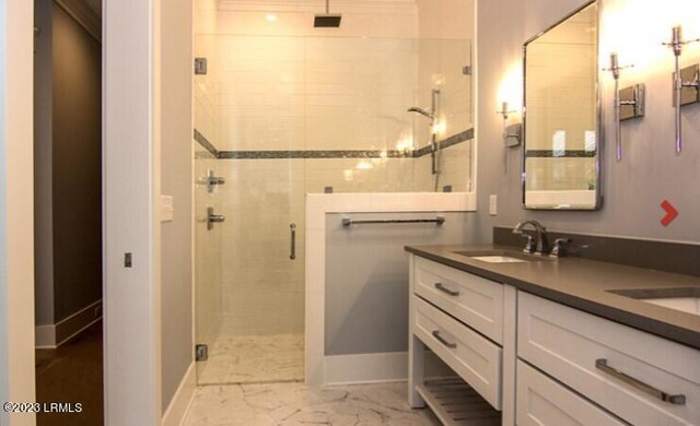 bathroom featuring vanity and a shower with shower door