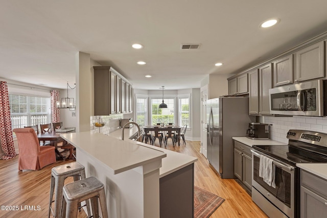 kitchen with a kitchen breakfast bar, stainless steel appliances, light countertops, gray cabinets, and backsplash
