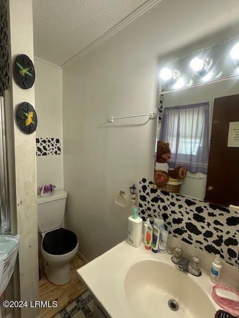 bathroom featuring vanity, ornamental molding, a textured ceiling, and toilet