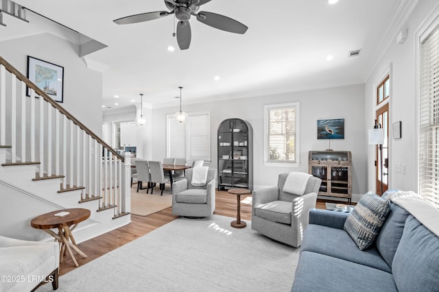 7 Canton Row, Beaufort, SC 29906 - living room with wood finished floors, stairs, ceiling fan, ornamental molding, and recessed lighting