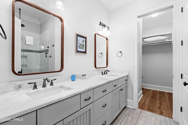 7 Canton Row, Beaufort, SC 29906 - full bath featuring a stall shower, double vanity, crown molding, and a walk in closet