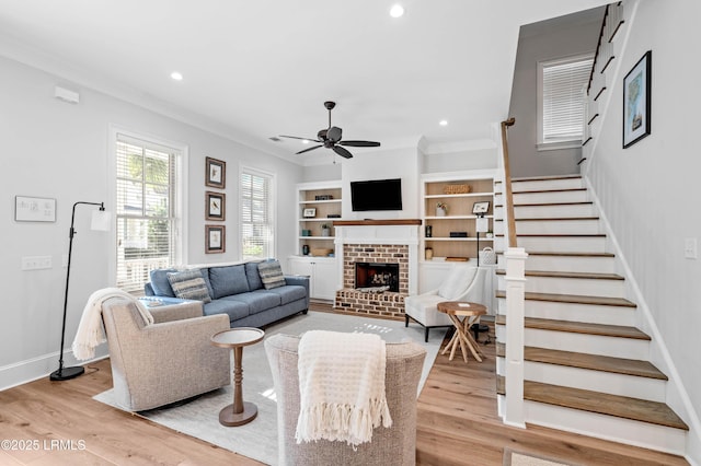 7 Canton Row, Beaufort, SC 29906 - living area featuring ornamental molding, stairway, recessed lighting, ceiling fan, and light wood finished floors
