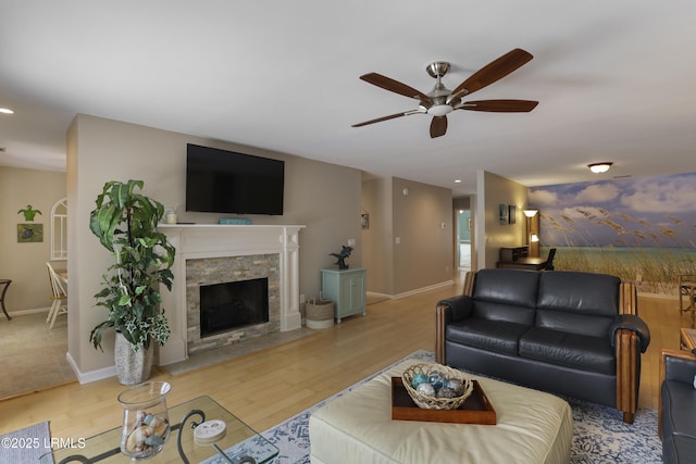 71 Skull Creek Dr Unit A302, Hilton Head Island, SC 29926 - living area with ceiling fan, light wood-type flooring, recessed lighting, and a fireplace