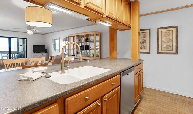 kitchen with a healthy amount of sunlight, sink, stainless steel dishwasher, and ceiling fan