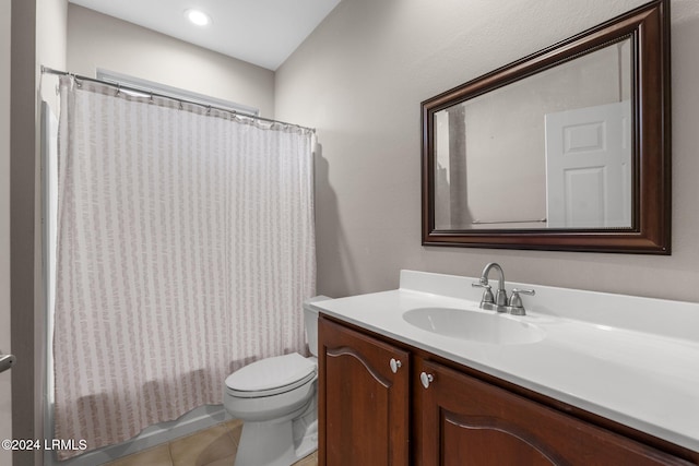 full bathroom with shower / bath combination with curtain, vanity, toilet, and tile patterned flooring