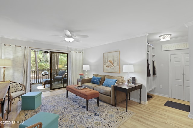 7 Three Mast Ln Unit 7, Hilton Head Island, SC 29928 - living area with ornamental molding, a ceiling fan, wood finished floors, and baseboards