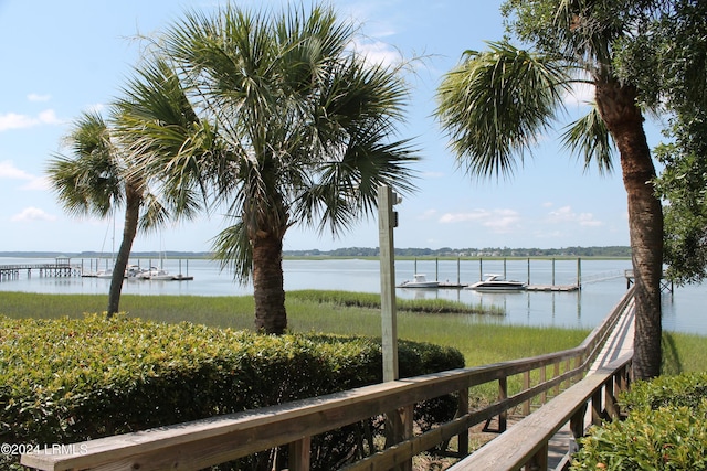 exterior space with a water view