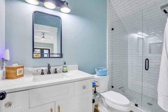 bathroom with vanity, a shower with door, and toilet