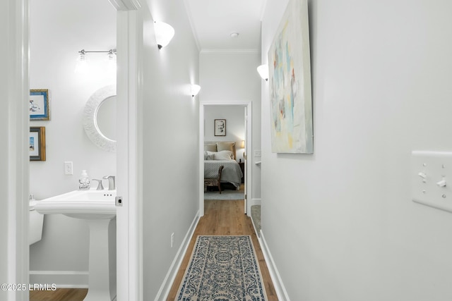277 Pleasant Point Dr, Beaufort, SC 29907 - hall featuring wood finished floors, crown molding, and baseboards