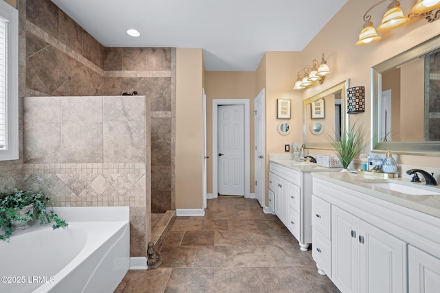 56 Waterford Dr, Bluffton, SC 29910 - full bathroom with double vanity, a garden tub, a walk in shower, and stone finish flooring