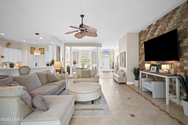 56 Waterford Dr, Bluffton, SC 29910 - living area featuring light tile patterned floors, a ceiling fan, recessed lighting, and a chandelier