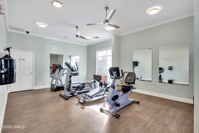 gym with hardwood / wood-style floors, crown molding, and ceiling fan