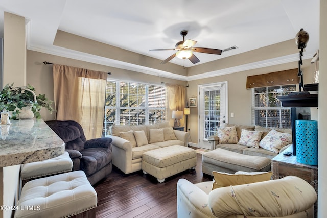 living room with a raised ceiling, dark wood-type flooring, and ceiling fan