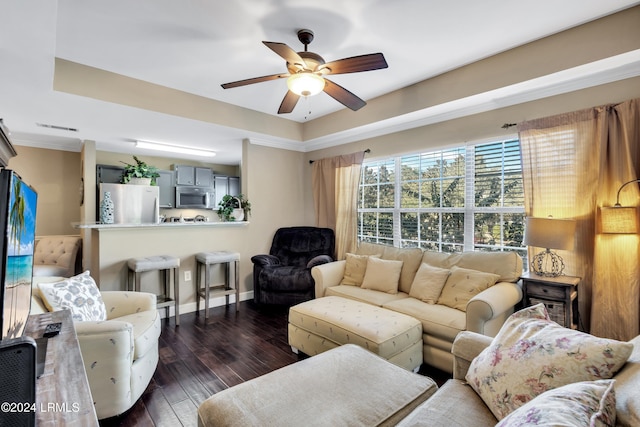 living room featuring a tray ceiling, dark hardwood / wood-style floors, and ceiling fan