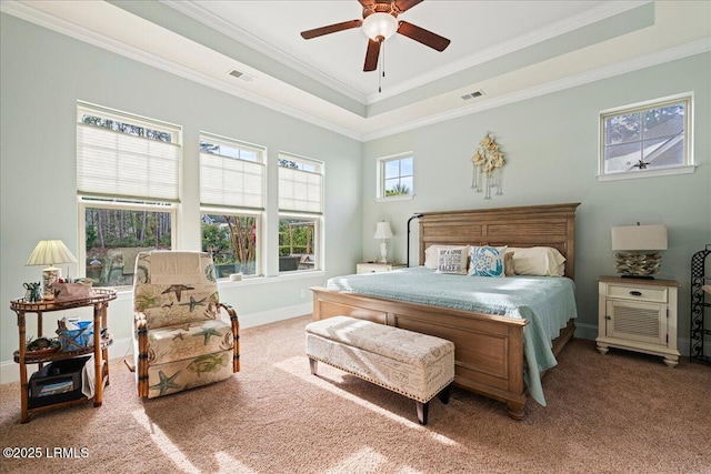 bedroom with multiple windows, carpet flooring, ceiling fan, and a tray ceiling