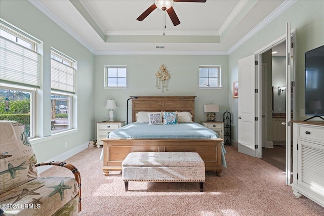 carpeted bedroom featuring multiple windows, a raised ceiling, and ceiling fan