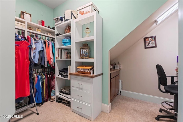 spacious closet featuring light colored carpet