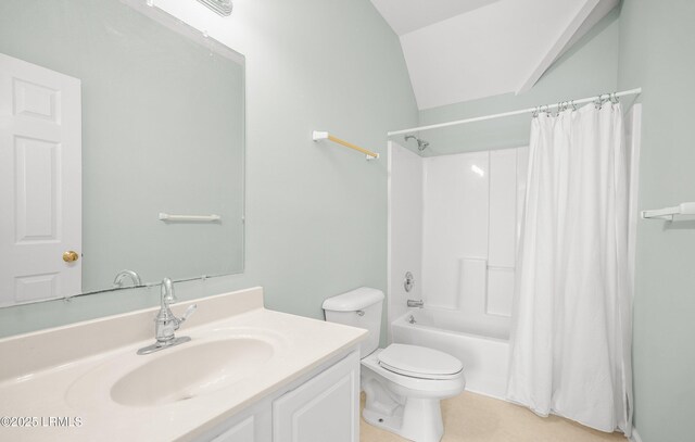 bathroom featuring shower / bathtub combination with curtain, toilet, vanity, and vaulted ceiling