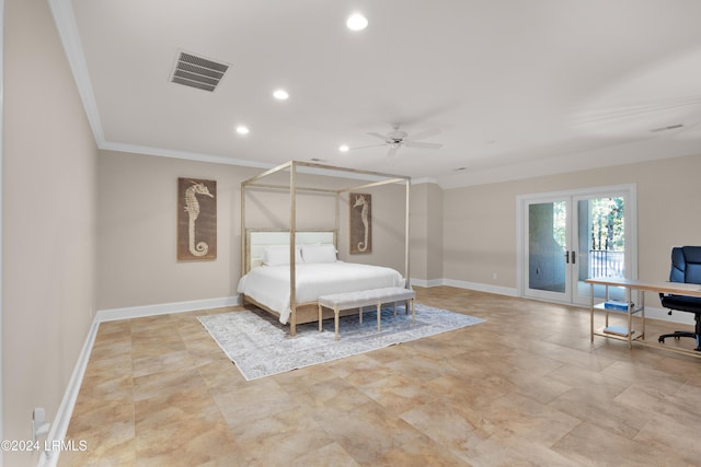 bedroom with access to exterior, crown molding, and ceiling fan