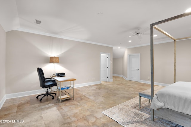 bedroom featuring crown molding, lofted ceiling, and ceiling fan