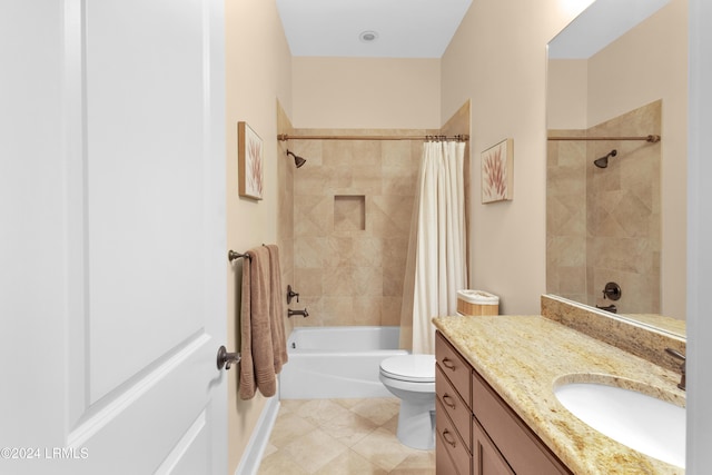 full bathroom featuring tile patterned flooring, vanity, shower / bath combination with curtain, and toilet