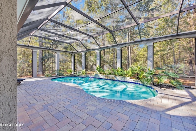 view of swimming pool with a lanai and a patio