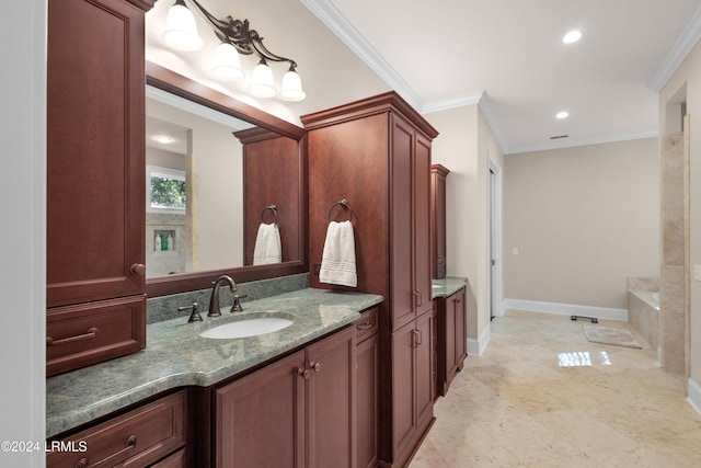 bathroom with vanity and ornamental molding