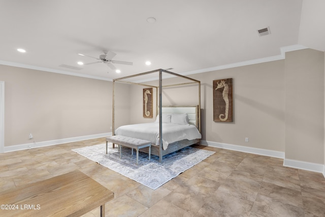 bedroom featuring ornamental molding and ceiling fan