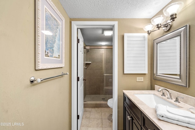 13 Harbourside Ln Unit 7170, Hilton Head Island, SC 29928 - bathroom with a textured ceiling, vanity, a shower stall, toilet, and tile patterned floors