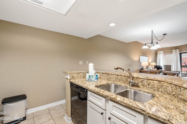 13 Harbourside Ln Unit 7170, Hilton Head Island, SC 29928 - kitchen featuring black dishwasher, a sink, white cabinetry, light tile patterned floors, and pendant lighting