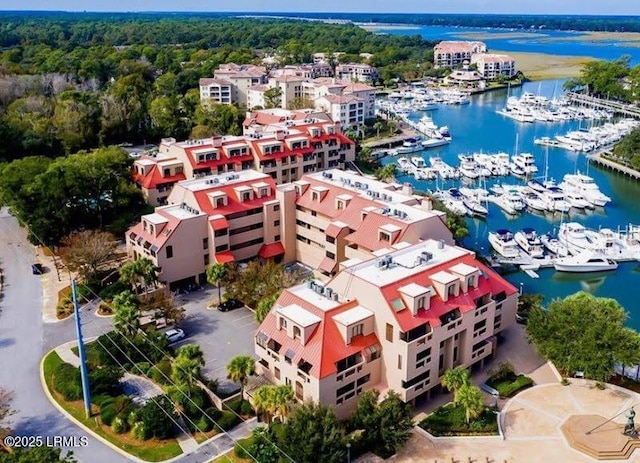 13 Harbourside Ln Unit 7170, Hilton Head Island, SC 29928 - aerial view of a marina, a large body of water, and a heavily wooded area