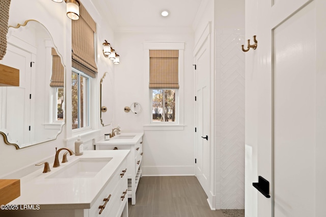 bathroom featuring crown molding and vanity