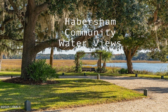 view of property's community with a water view and a lawn