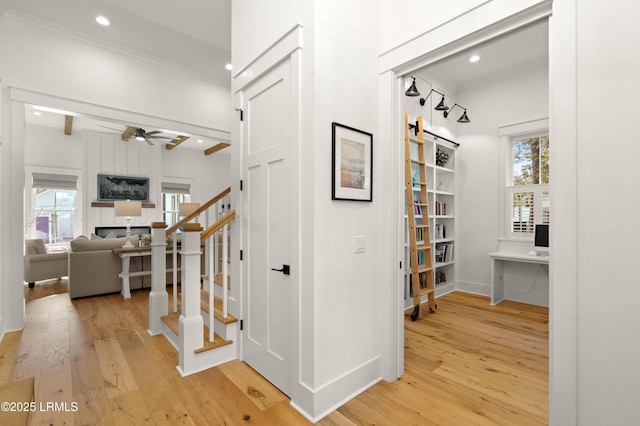 hall with ornamental molding, a wealth of natural light, and light wood-type flooring