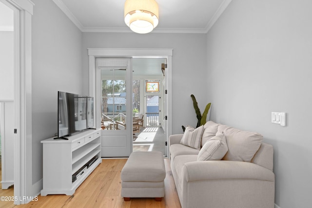 living room with ornamental molding and light hardwood / wood-style flooring