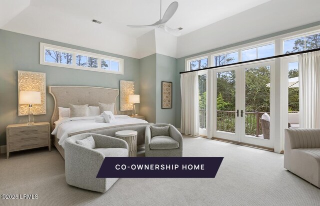 bedroom with access to exterior, visible vents, french doors, and carpet floors