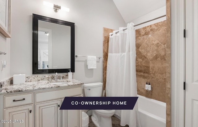 full bath featuring shower / bathtub combination with curtain, lofted ceiling, toilet, and vanity