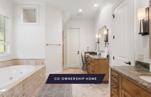 bathroom featuring two vanities, a whirlpool tub, a sink, ornamental molding, and tile patterned floors