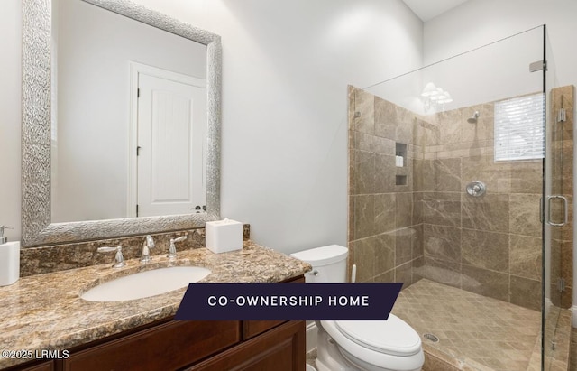 bathroom featuring a shower stall, toilet, and vanity