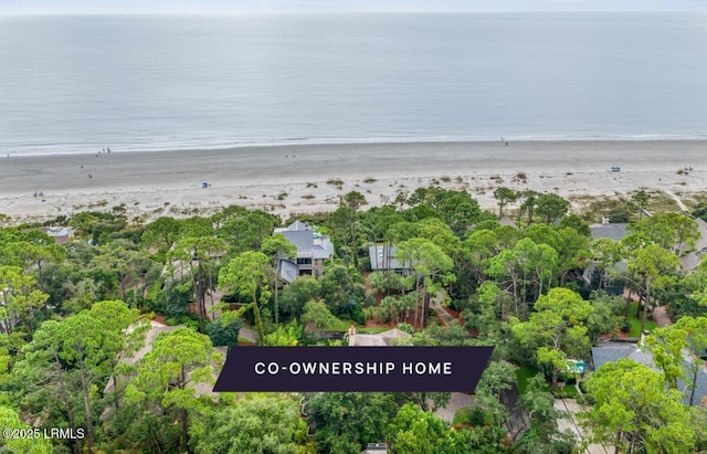 bird's eye view featuring a water view and a view of the beach