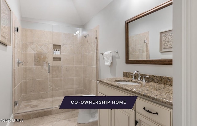 full bathroom featuring vanity, vaulted ceiling, a shower stall, and toilet